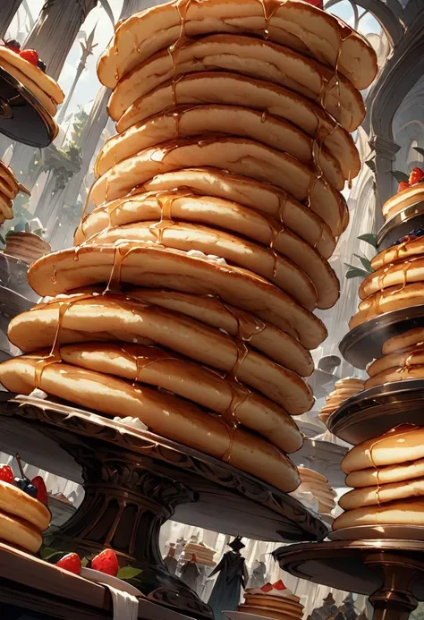 looking up at the unusually high stack of pancakes, low angle shot, best quality, (masterpiece:1.2), fantasy,