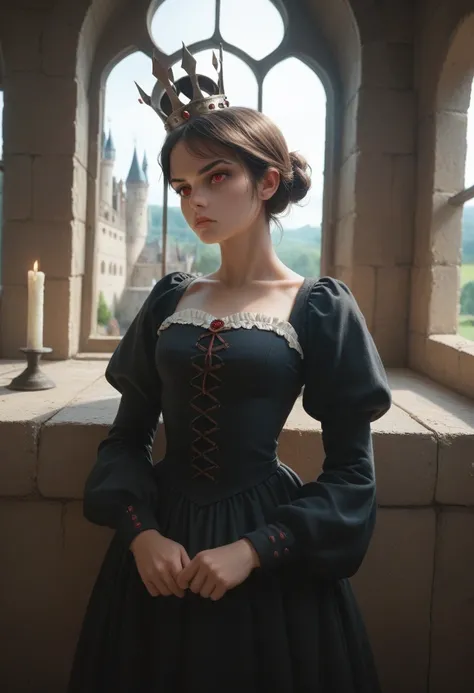 A teenage girl with a black crown short brown hair and red eyes wearing a medieval dress in a castle looking out the window with a serious and neutral look