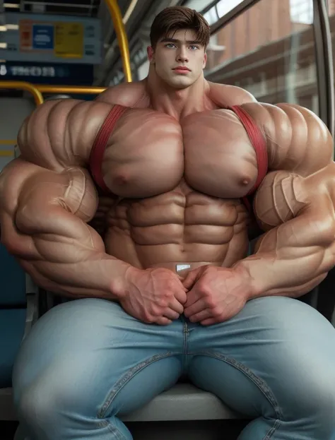 1boy, giant, giant bodybuilder, illuminating light, strong body, bulk, large size, staring, sitting on seat, in the public bus, bare, jeans pants, prominent bulge, extraordinary big, brutalmass, giant, muscular body, bulk, buff, massive body, large meaty b...