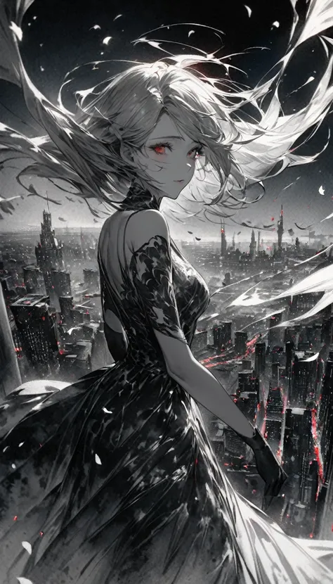 up-and-coming works of art, fusion of watercolor and oil painting, monochrome, no color, best quality, super fine, 16k, incredibly absurdres, extremely detailed, beautiful ephemeral girl stands in the city, wind, wind-effect, moonlit night view, (magnifice...