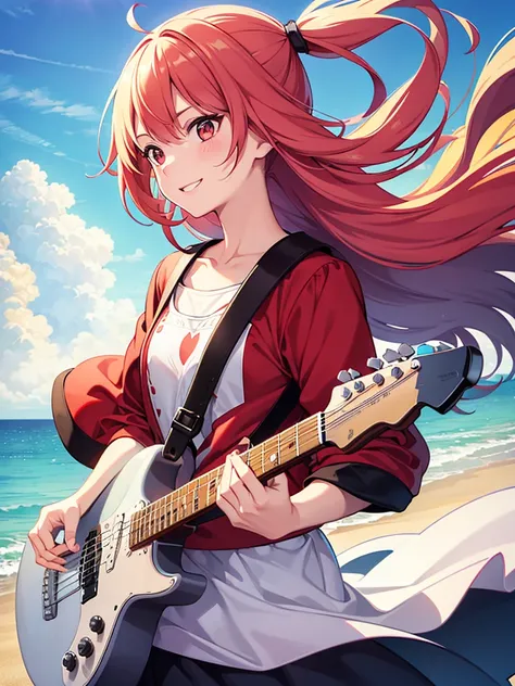 One Girl, sight, Character Profile, chest, Shortcuts, Hair blowing in the wind, Please open your mouth a little, guitar,Hydrating with a plastic bottle Red face, Half Eye（Filmography）, smile, 