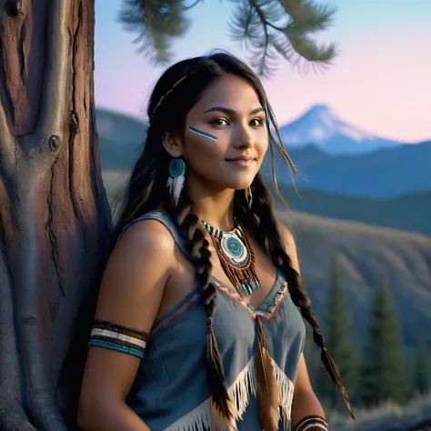 (grainy:0.5), cinematic, beautiful girl 25 year old,native american,fantasy,(solo:1.3), detailed eyes, detailed face, detailed native american sexy clothing , volumetric lighting, dusk, extremely detailed background, standing next to tree and mountain, smi...