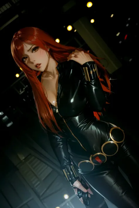 The image features Black Widow from the Marvel Universe. Dressed in a sleek skin-tight shiny black latex bodysuit with a deep-cut zipper neckline revealing a large chest, the silver zipper running down the front. The suit is complemented by her golden wris...