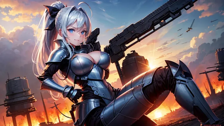 1girl, solo, burning landscape, village, trees, sun, clouds, war, silver hair, ponytail, large breasts, ((armor)), ((metal suit)), cleavage 1:3, blue eyes, grin, machine gun in hand, looking at the viewer, dinamic pose, run, hair ribbon, aircraft on the ai...