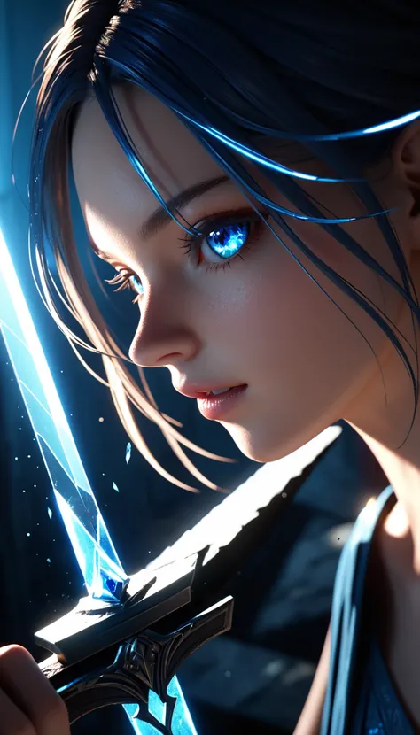 shattered glass，broken，refraction，Reflective，Light and Shadow Art，1 Girl half body close-up，Blurred foreground，Dynamic Action，Motion Blur，Luminescence( Sword)，blue light，Realistic sword，3d ，Unreal Engine，Rendering，scary shadows