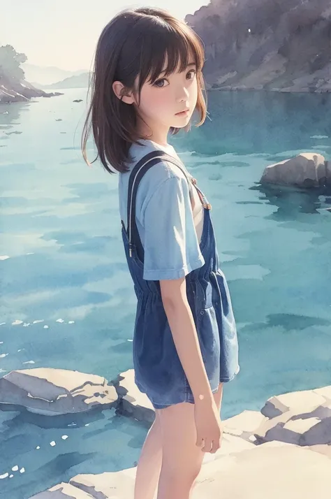 Official art using hand-drawn watercolor sketch technique　A girl lost at the end of the world
