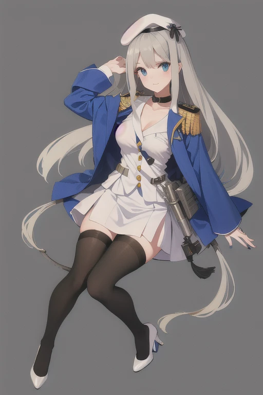 lexington (warship girls r), ((Best quality))),((Ultra-detailed)),((illustration)),((Disheveled hair)),((frilld)),(1 girl),(Solo),
1girl, hat, high heels, long hair, pantyhose, solo, black legwear, clavicle, thighhighs, white beret, military, white militar...