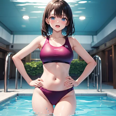 An active 18-year-old girl、Wearing a competitive swimsuit、Opening mouth with a surprised expression、Stand with hands on hips、Realistically rendered under a brightly lit pool、High-resolution images。The water is up to the navel。