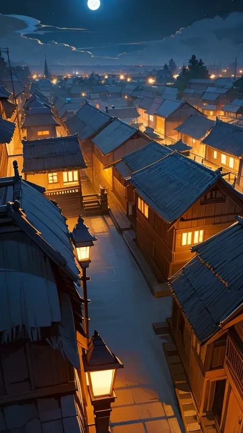 Create a indian village, in night mode, with full moon, houses like wooden houses, houses light should be mild with smoke from chimeny outlet and with less street lights, make it as far view