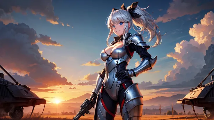 1girl, solo, burning landscape, village, trees, sun, clouds, war, silver hair, ponytail, large breasts, ((armor)), ((metal suit)), cleavage 1:3, blue eyes, grin, machine gun in hand, looking at the viewer, dinamic pose, run, hair ribbon, aircraft on the ai...