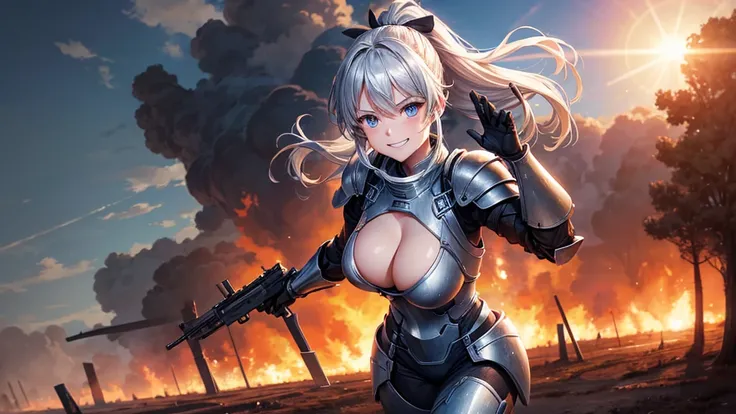 1girl, solo, burning landscape, village, trees, sun, clouds, war, silver hair, ponytail, large breasts, ((armor)), ((metal suit)), cleavage 1:3, blue eyes, grin, machine gun in hand, looking at the viewer, dinamic pose, run, hair ribbon, aircraft on the ai...