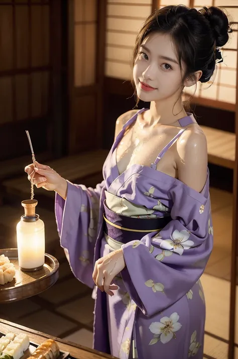 (((best quality))),(((ultra detailed))),(((masterpiece))),illustration,((1 beautiful Japannese girl,solo)),((slim,thin)),((small breasts,flat chest)),(in izakaya:1.3),(summer:1.2),(rainy:1.3),(indoor:1.2),(night scene:1.3),(wet:1.3),(purple floral yukata:1...