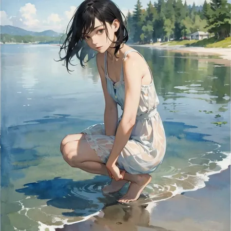 Silent Voyage Girl, In watercolor style, Photorealism, Subtle orange and mint hues, barefoot, Black Hair, A kind and thoughtful image