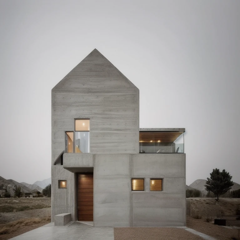 architectural concrete_finish, modern house, fair-face concrete, concrete, street view, in the mountains (masterpiece) 