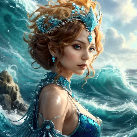 Design an anime-style character named Nami, styled as Ocean Empress. Nami should have a regal and commanding expression, with large, expressive eyes and a majestic pose that reflects her status. Outfit Nami in a gown or armor inspired by the ocean, with de...