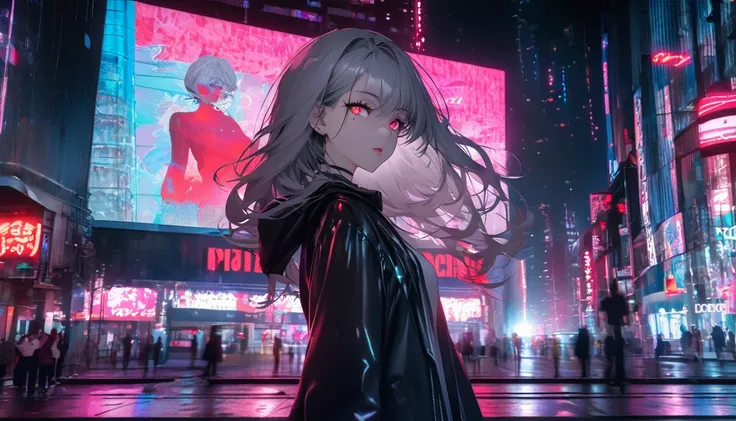 Modern city, night town, neon lights, girl and her shadow, shadow is the demon in the girls mind, tense lens, body of the photo is big city background, bright and fresh photo, beautiful abstract big city and teenage girl character in it. gray hair color, g...