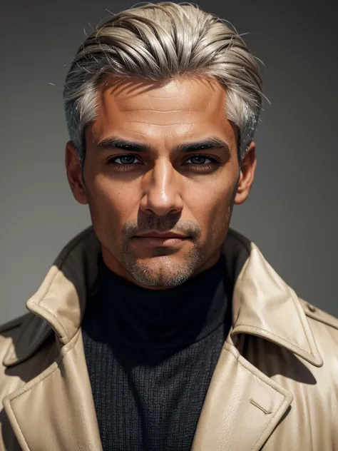 (best quality), 1boy, mature man, tanned skin, silver hair, medium hair, hair loosely combed back, brown eyes, perfect eyes, muscular, handsome, cold expression, black turtleneck, coat jacket, clean shaven face, masterpiece, anatomically correct, highres
