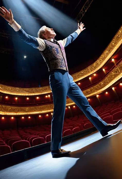 (Low Angle Shot, from below), In the theater, shooting the stage from a low perspective captures the interaction between lighting, actors, and the audience, showcasing the charm of stage performance and the enthusiasm of the audience, captivating chiaroscu...