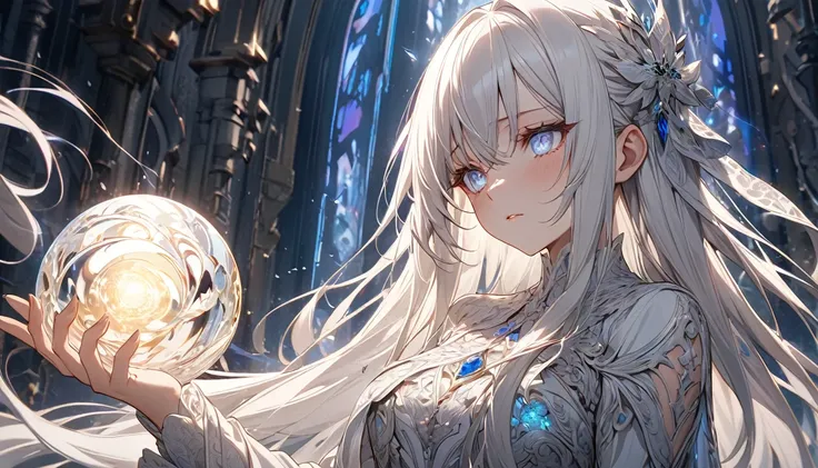 **134. One person。mysterious。Long-haired white-haired girl。Cowboy shot or close-up。
masterpiece, best quality, ultra detailed
(Detailed fingers), (Emotional), (Breathtakingly beautiful), (main part: 1.2 Whole body.), (Anime Style), (Very detailed), (Brutal...