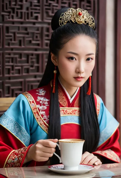 a close up of a woman sitting at a table with a cup of coffee, palace ， a girl in hanfu, a young woman as genghis khan, beautiful oriental woman, chinese woman, chinese girl, chinese princess, an asian woman, a young asian woman, ancient chinese princess, ...