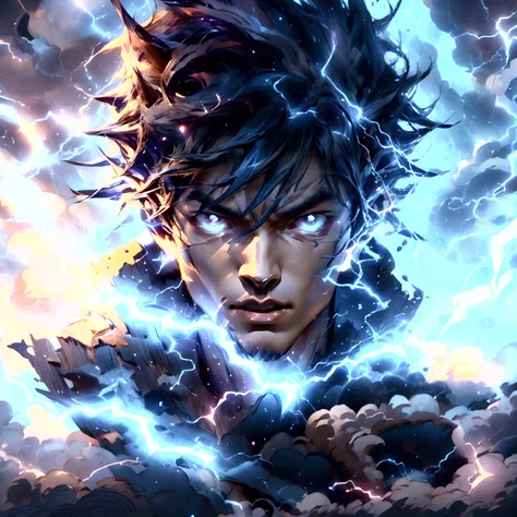 Design an anime-style character named Kaito, the Thunder Strike. Kaito should embody a dynamic and powerful presence with a fierce, determined expression. His eyes should be electrifying, reflecting his mastery over lightning. Pose Kaito in an action-ready...