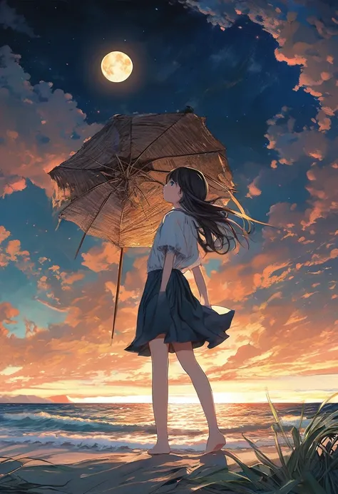 (A masterpiece of the highest qualthaty:1.2)、Highly detailed illustration，A perfect representation of a girl in a Doomsday Beach setting。In the silence of the night、There is an atmosphere of sadness and hope..。 The Girl sthats on the soft vegetation of the...