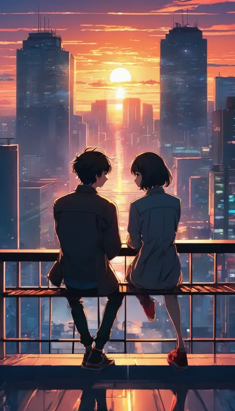 anime couple sitting on a balcony watching the sunset, watching the sun set. anime, lofi artstyle, anime background art, anime s...