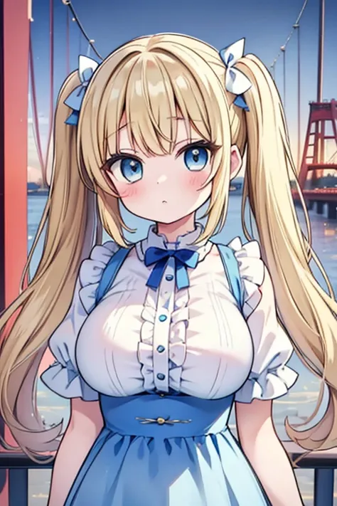 blonde with blue eyes、lolita、large breasts、twin tails、girl brat,large breasts,cute eyes,puffy eyes,akashi kaikyo bridge,japan,hy...