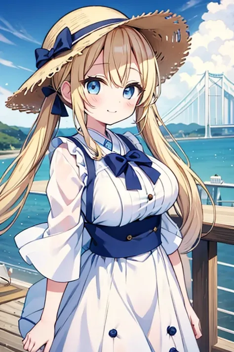 blonde with blue eyes、lolita、large breasts、twin tails、girl brat,large breasts,cute eyes,puffy eyes,akashi kaikyo bridge,japan,hy...