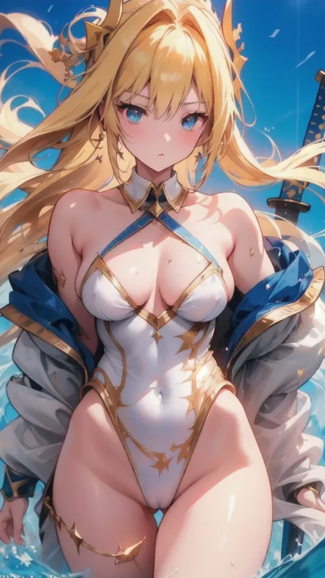 （（（highest quality、masterpiece、normal body、8k、detailed face、ultra precision、normal hand、normal finger、５This finger、supreme）））female hero、human、blonde、Silver Breastplate、Racy blue leotard、white pareo、Holy Sword Excalibur、（（slave collar、Shattered armor、Tatte...