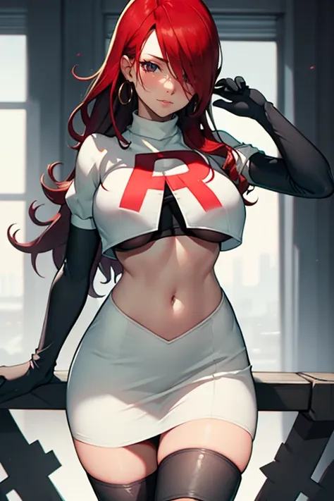 persona3mitsuru, red hair, hair over one eye ,glossy lips , team rocket, team rocket uniform, red letter r, white skirt,white cr...