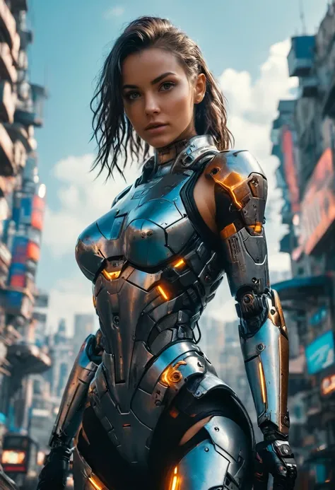 (low angle shot:1.5), (shot from below), (full body shot:1.2), cyberpunk style, 1girl, cybernatic body, semi-human,mechanical arm, full body cyberwear, wastelands, cinematic Hollywood film, highly detailed, masterpiece, octane render, 8k, photorealistic, 