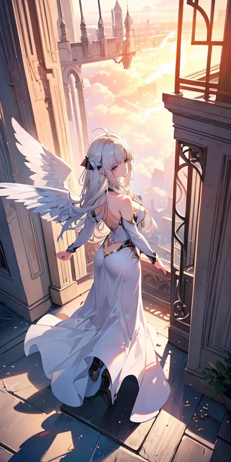 a (rear view:1.5) a very beautiful female angel\(long platinum blonde hair, wide back white dress,(there are beautiful big angel...