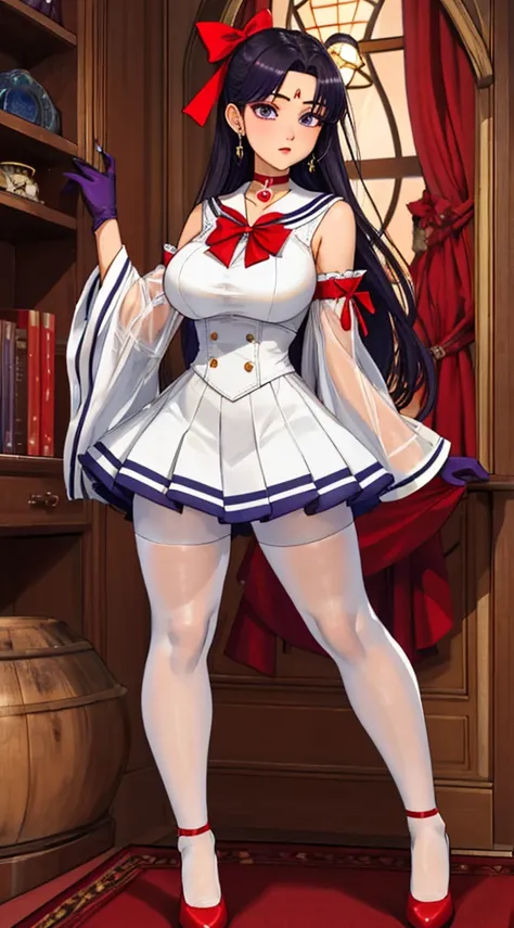 hino_rei, huge_breasts, standing, solo, White_leotard_Red_sailor_collar_Red_miniskirt_White_gloves_Red_high_heels_Star_choker_Purple_bowtie_Red_back_bow_Circlet_Heart_brooch_See-through_sleeves_white_pantyhose_crotch, starry_sky,, masterpiece, best quality...