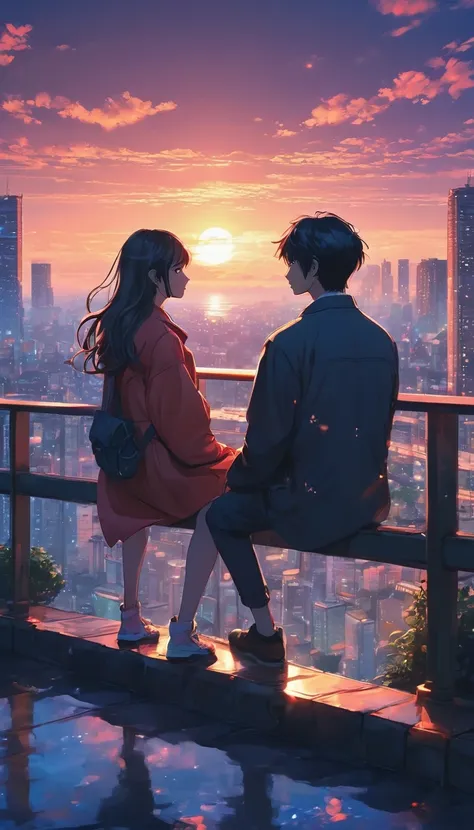 anime couple sitting on a balcony watching the sunset, watching the sun set. anime, lofi artstyle, anime background art, anime s...