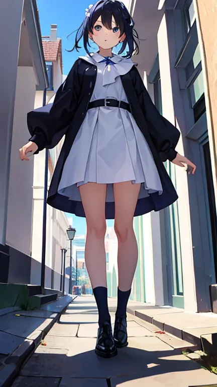 one girl,low angle shot,(from below:1.3),standing,Outdoors, fashionable street