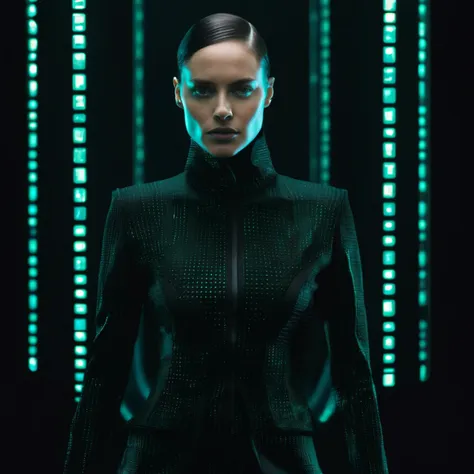 photorealistic portrait of a model wearing a matrix outfit, digital rebellion, futuristic couture, aesthetic, high fashion, haut...