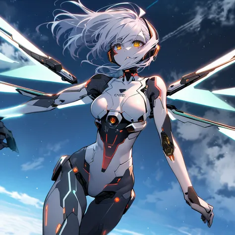 science fiction, android girl(full metal skin, cyber joint, metal hair), over the sky, flight wings,