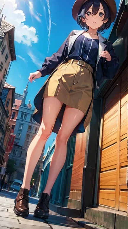 one girl,low angle shot,(from below:1.3),standing,outdoors, fashionable street