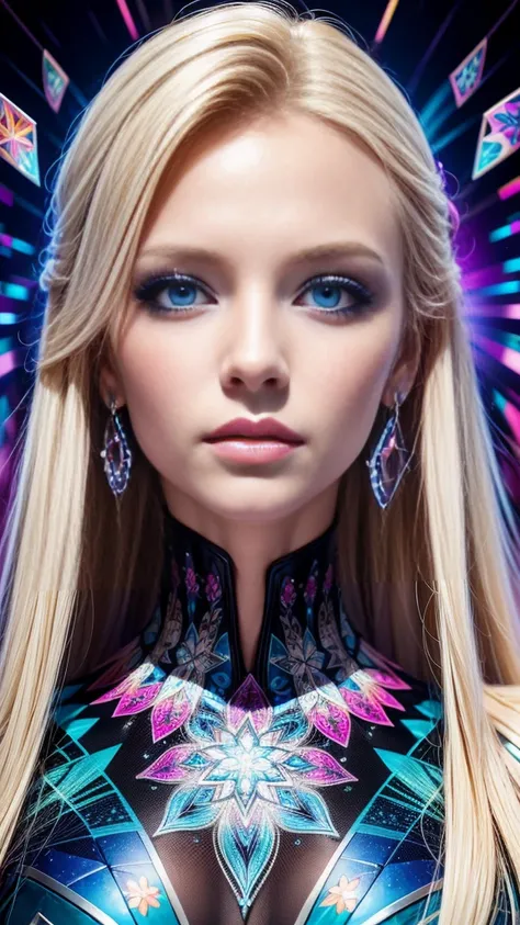 A stunning digital portrait of a woman with piercing blue eyes and flowing blonde hair, adorned with vibrant makeup and surrounded by a kaleidoscope of bright, bold colors.