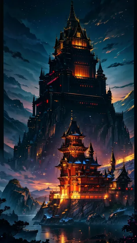 Generate a 4K resolution (400x900) image in the enchanting golden Castle guarding by big black dragon anime style, portraying a quintessential world of sky that no one has seen or imagined,  soft colors:: illustration --ar 4:9
