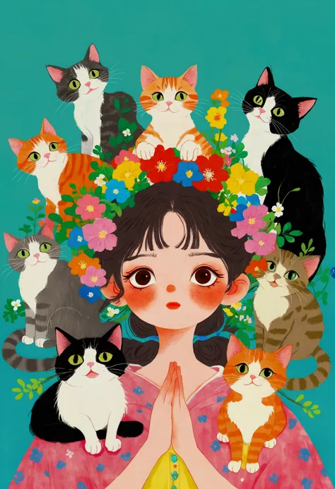 Pastel Art：There is a painting，The painting is a girl，There are a group of cats on the head, Colored pencil drawings of Nobumasa Yanagawa, pixiv, What is it？, Japanese illustrator,  Studio Ghibli Art, studio Ghibli art style, Ghibli art style, Ghibli art s...