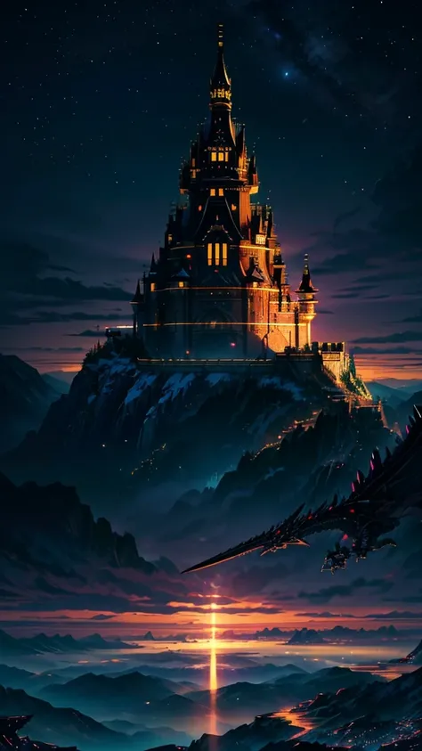 Generate a 4K resolution (400x900) image in the enchanting golden Castle,big black dragon anime style, portraying a quintessential world of sky that no one has seen or imagined,  soft colors:: illustration --ar 4:9
