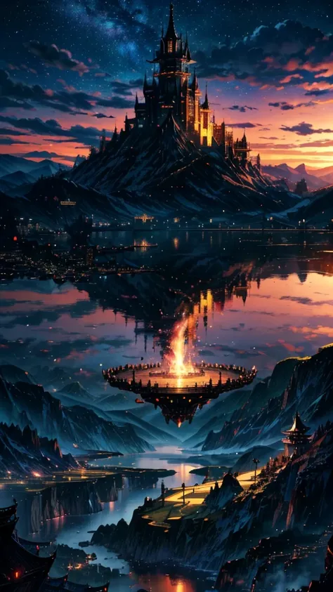 Generate a 4K resolution (400x900) image in the enchanting golden Castle,big black dragon anime style, portraying a quintessential world of sky that no one has seen or imagined,  soft colors:: illustration --ar 4:9
