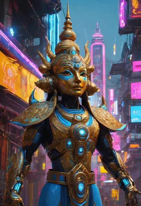 Create an 8K, hyper-realistic and hyper-detailed artwork of a futuristic protector of Hinduism, rendered in Unreal Engine 5. The character is a cyberpunk or robotic guardian designed with elements inspired by Hinduism. His suit incorporates traditional Hin...