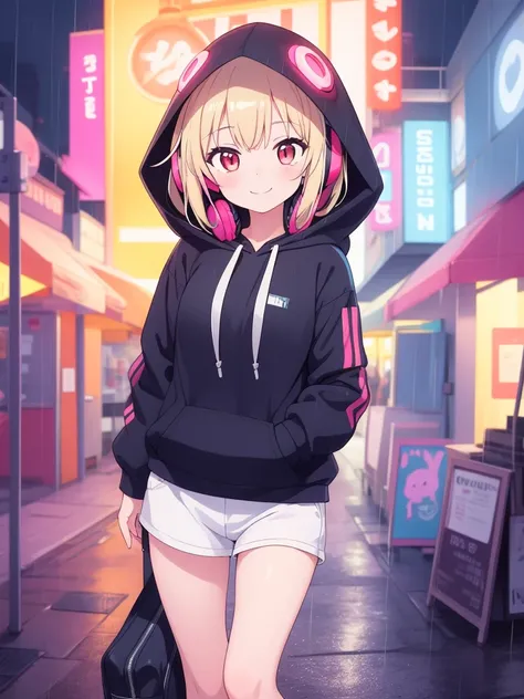 masterpiece,1girl,solo,incredibly absurdres,hoodie,headphones, street,outdoors,rain,neon lights, light smile, hood up, hands straight, looking direct in camera, from front