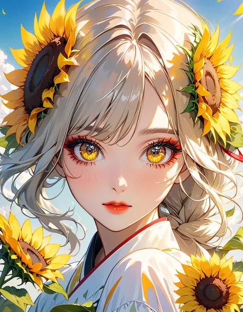 a close up of a woman with a sunflower on her head, yellow makeup, colors: yellow sunflowers, colors : yellow sunflowers, creative colorfull - makeup, beautiful art uhd 4 k, stylish make up, popular south korean makeup, beauty woman with detailed faces, be...