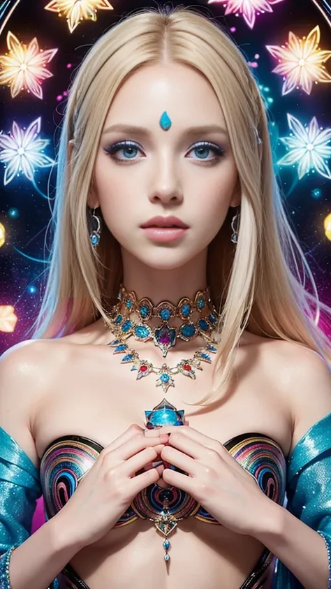 A stunning digital portrait of a woman with piercing blue eyes and flowing blonde hair, adorned with vibrant makeup and surrounded by a kaleidoscope of bright, bold colors.