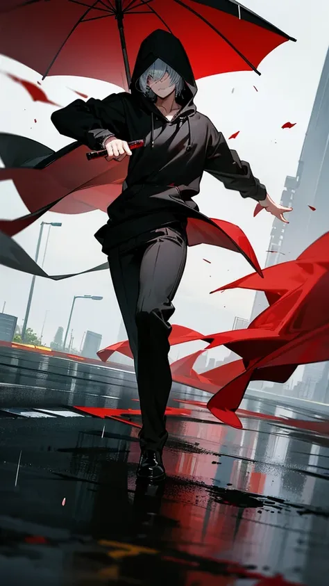 A man dancing in the rain is holding a knife with blood. He is wearing a Black hoodies and covering his eyes. He is dancing beside a road .