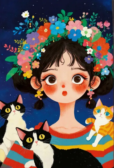 Pastel Art：There is a painting，The painting is a girl，Big colorful eyes，There are a group of cats on the head, Colored pencil drawings of Nobumasa Yanagawa, pixiv, What is it？, Japanese illustrator,  Studio Ghibli Art, studio Ghibli art style, Ghibli art s...